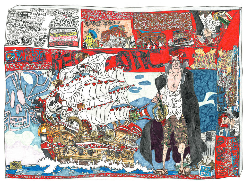 '落合が描いたワンピースのプラモの箱’シャンクスの船「レッド・ フォース号」