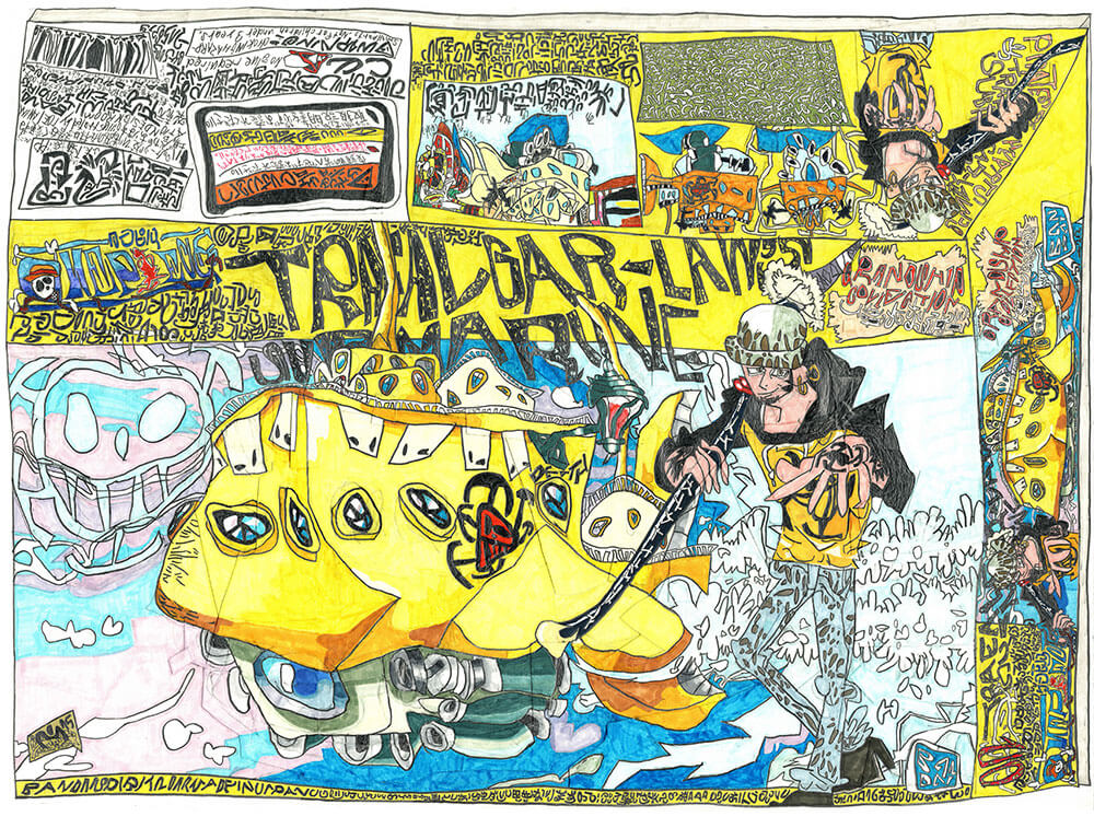 '落合が描いたワンピースのプラモの箱’ 「トラファルガー・ローの潜水艦」 「BUSTERCALL」